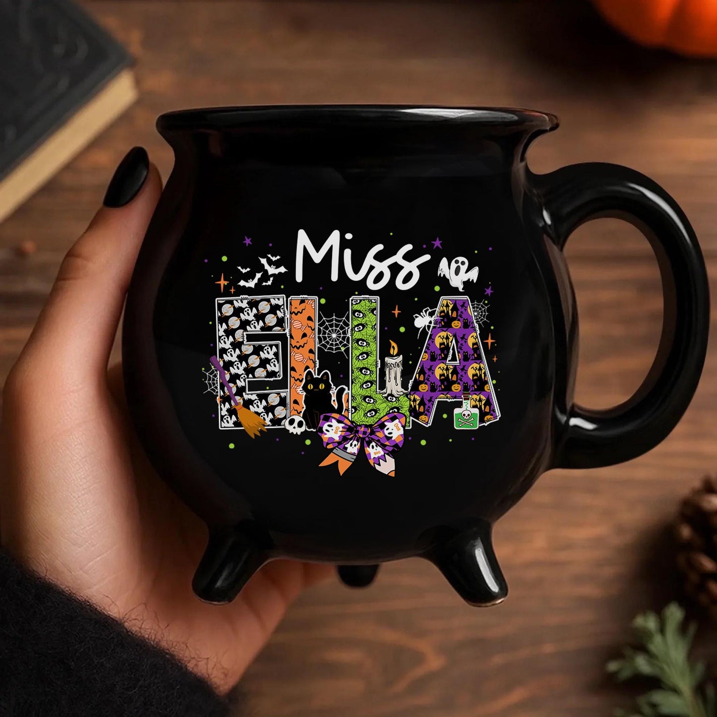Personalized Teacher Halloween Cauldron Mug 13 Oz, Spooky Teacher Coffee Mug, Custom Teacher Name, Teacher Halloween Gifts, Halloween Mug