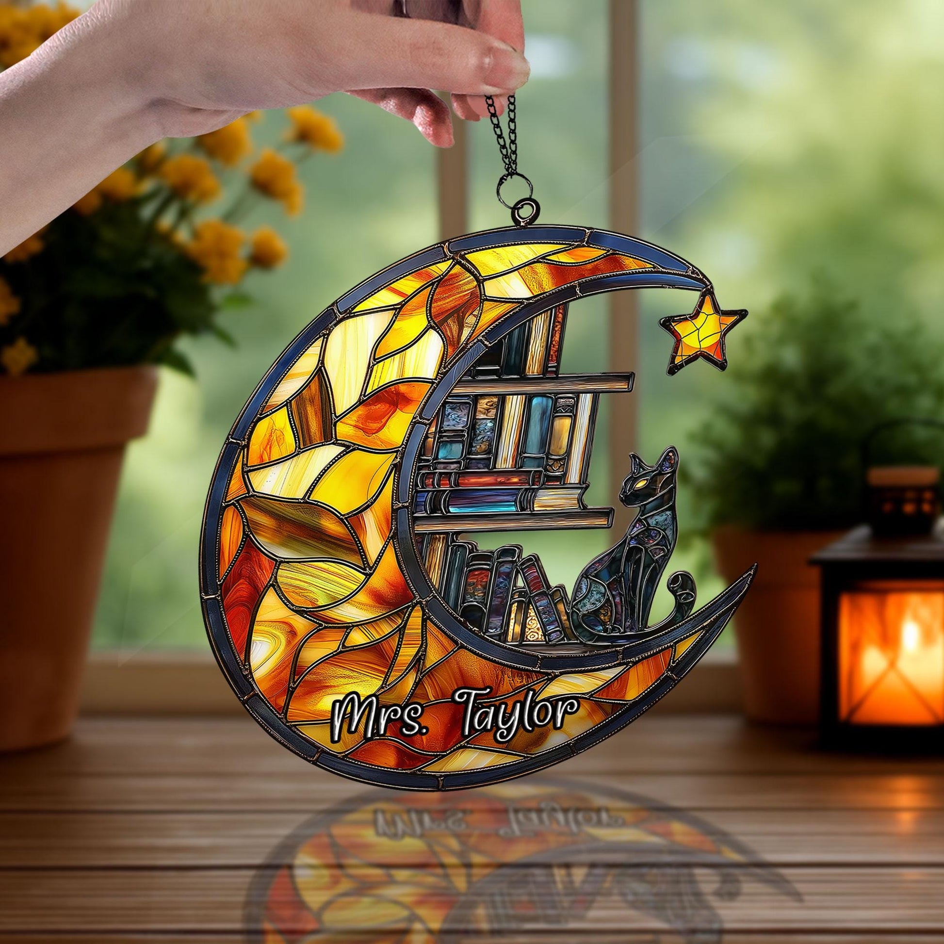 Personalized Cat Book Suncatcher, Reading Cat Suncatcher, Bookish Gift, Cat Window Hangings, Cat Lover Gift Book Lovers Gift, Librarian Gift
