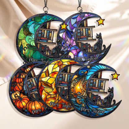 Personalized Cat Book Suncatcher, Reading Cat Suncatcher, Bookish Gift, Cat Window Hangings, Cat Lover Gift Book Lovers Gift, Librarian Gift