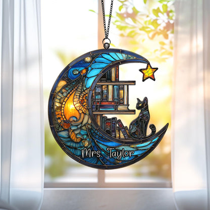 Personalized Cat Book Suncatcher, Reading Cat Suncatcher, Bookish Gift, Cat Window Hangings, Cat Lover Gift Book Lovers Gift, Librarian Gift