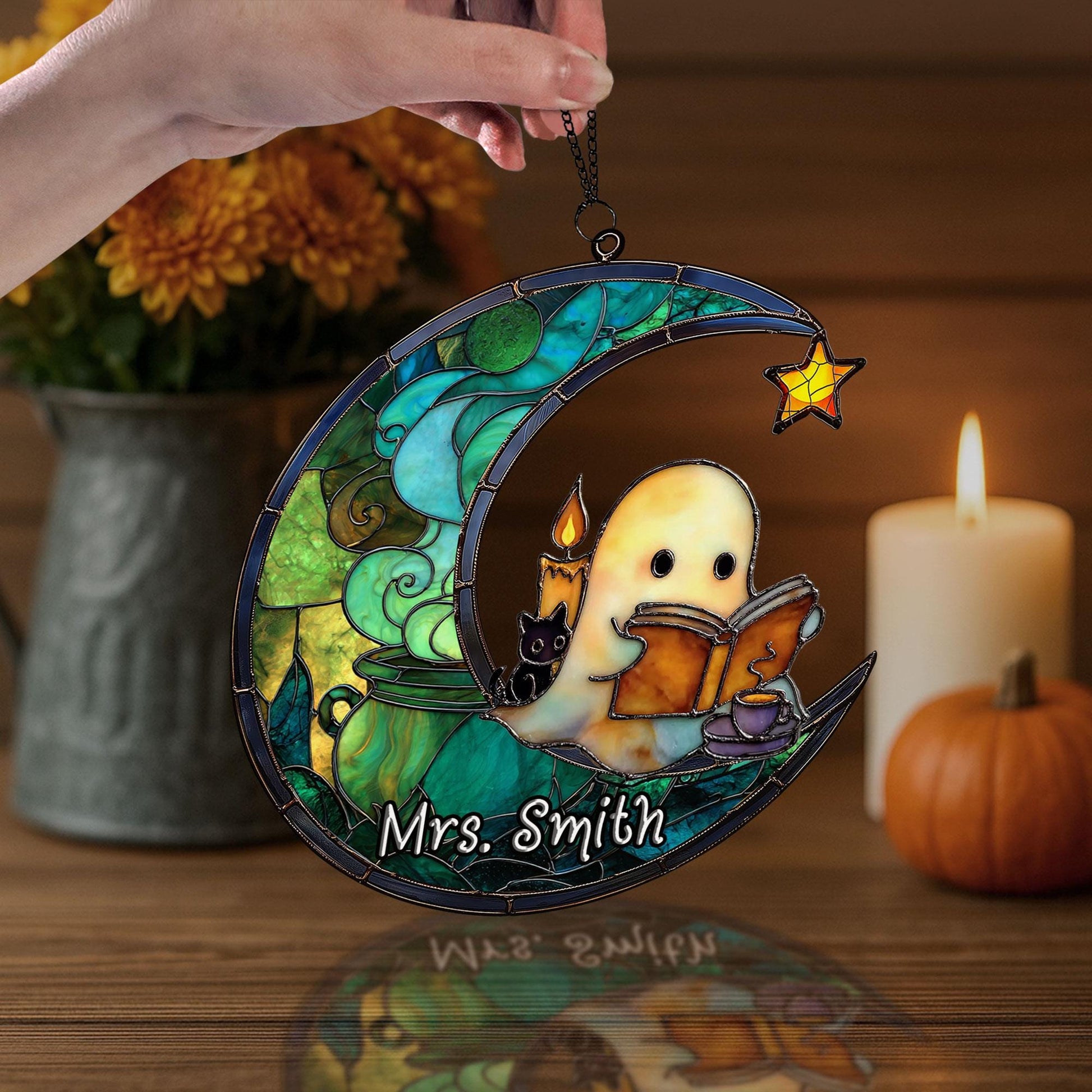 Cute Ghost Reading Book Halloween Suncatcher, Halloween Suncatcher ACRYLIC Window Hanging, Teacher Book Gift, Librarian Gift Book Lover Gift