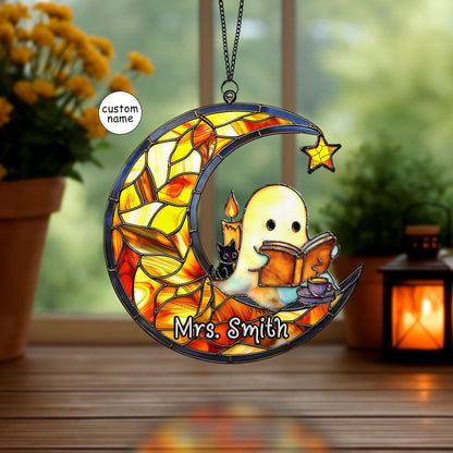 Cute Ghost Reading Book Halloween Suncatcher, Halloween Suncatcher ACRYLIC Window Hanging, Teacher Book Gift, Librarian Gift Book Lover Gift