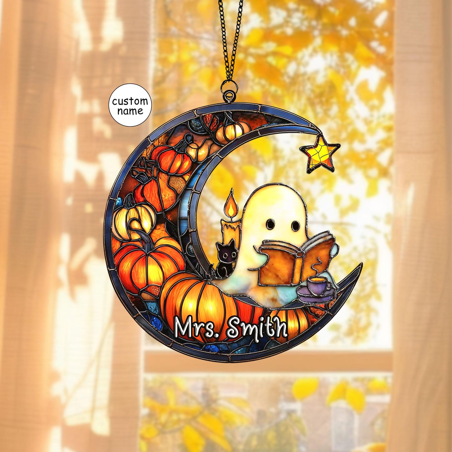 Cute Ghost Reading Book Halloween Suncatcher, Halloween Suncatcher ACRYLIC Window Hanging, Teacher Book Gift, Librarian Gift Book Lover Gift