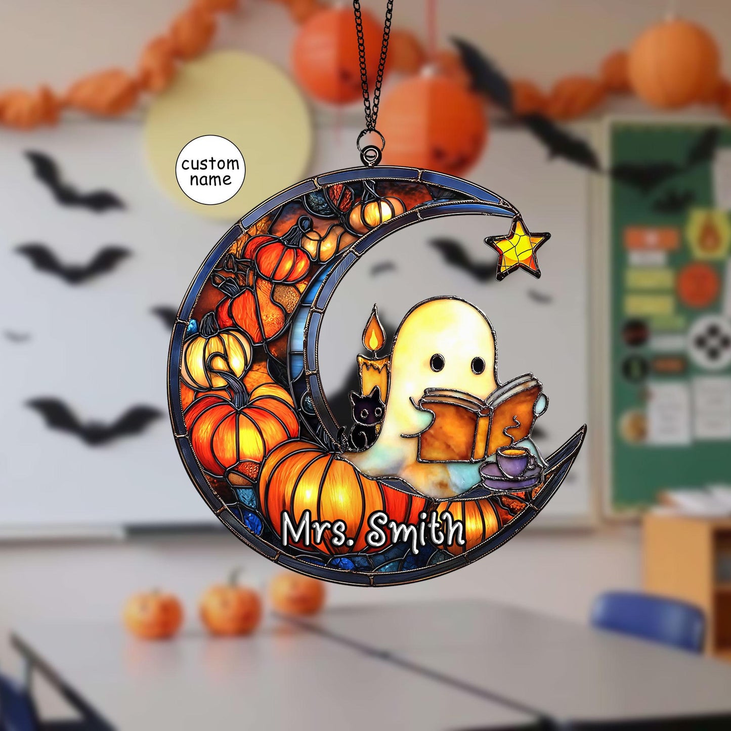 Cute Ghost Reading Book Halloween Suncatcher, Halloween Suncatcher ACRYLIC Window Hanging, Teacher Book Gift, Librarian Gift Book Lover Gift