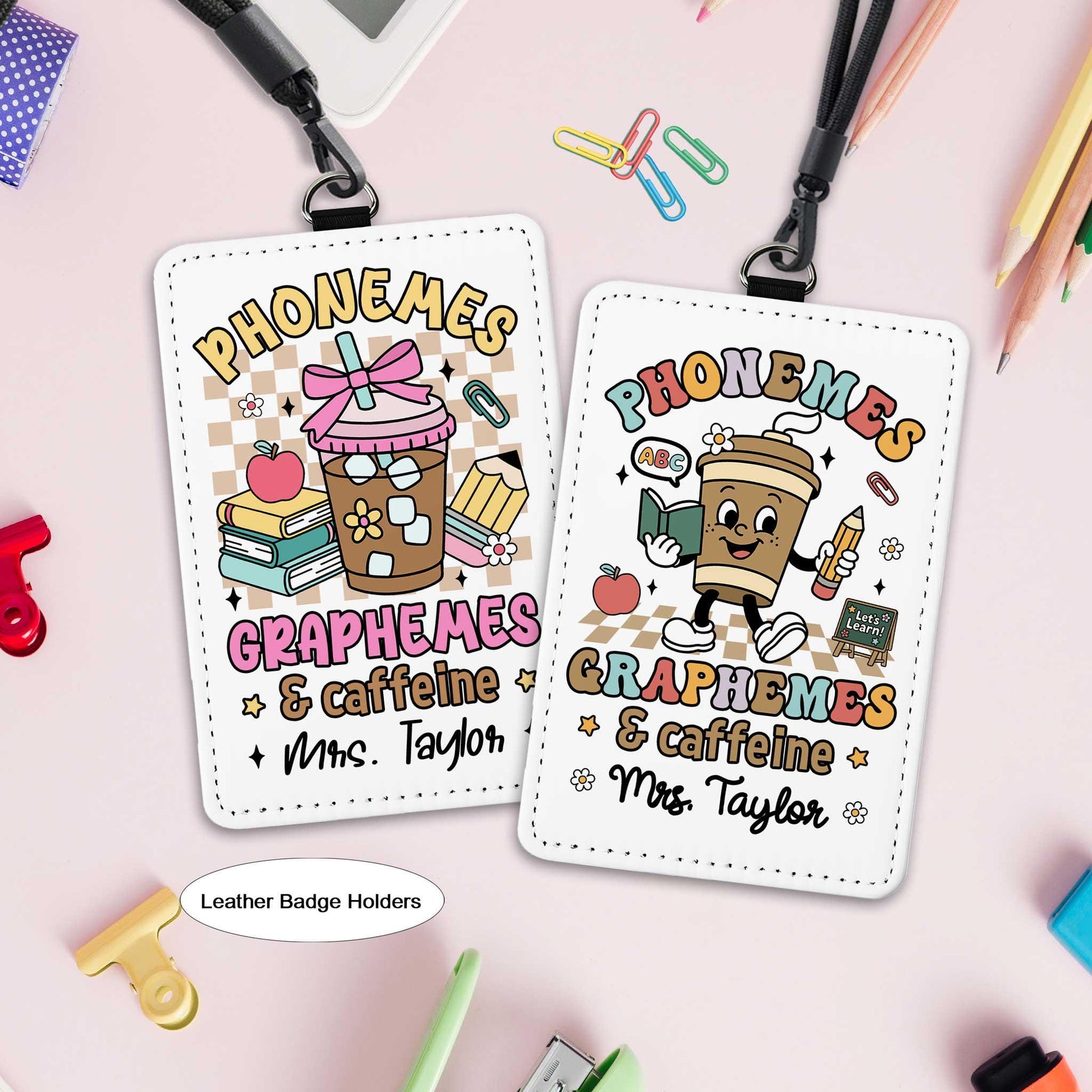 Personalized Phonemes Graphemes & Caffeine ID Badge Holder, ID Holder School Supply Theme, Teacher Appreciation Gift, Back To School Gifts