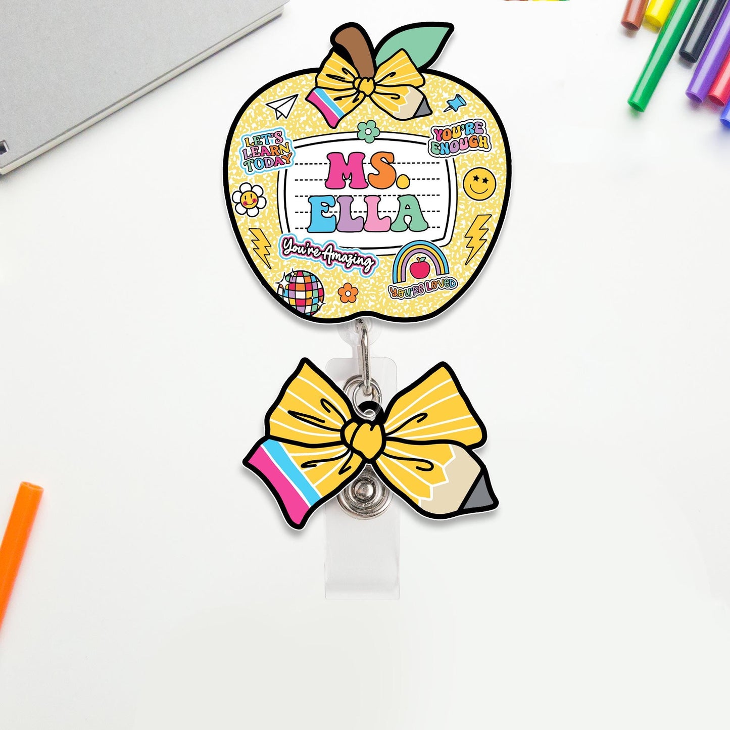 Custom Teacher Badge Reel, ID Holder Apple Badge Reel, Custom Composition Book, Retractable Badge Reel, Thank You Teacher, Christmas Gift