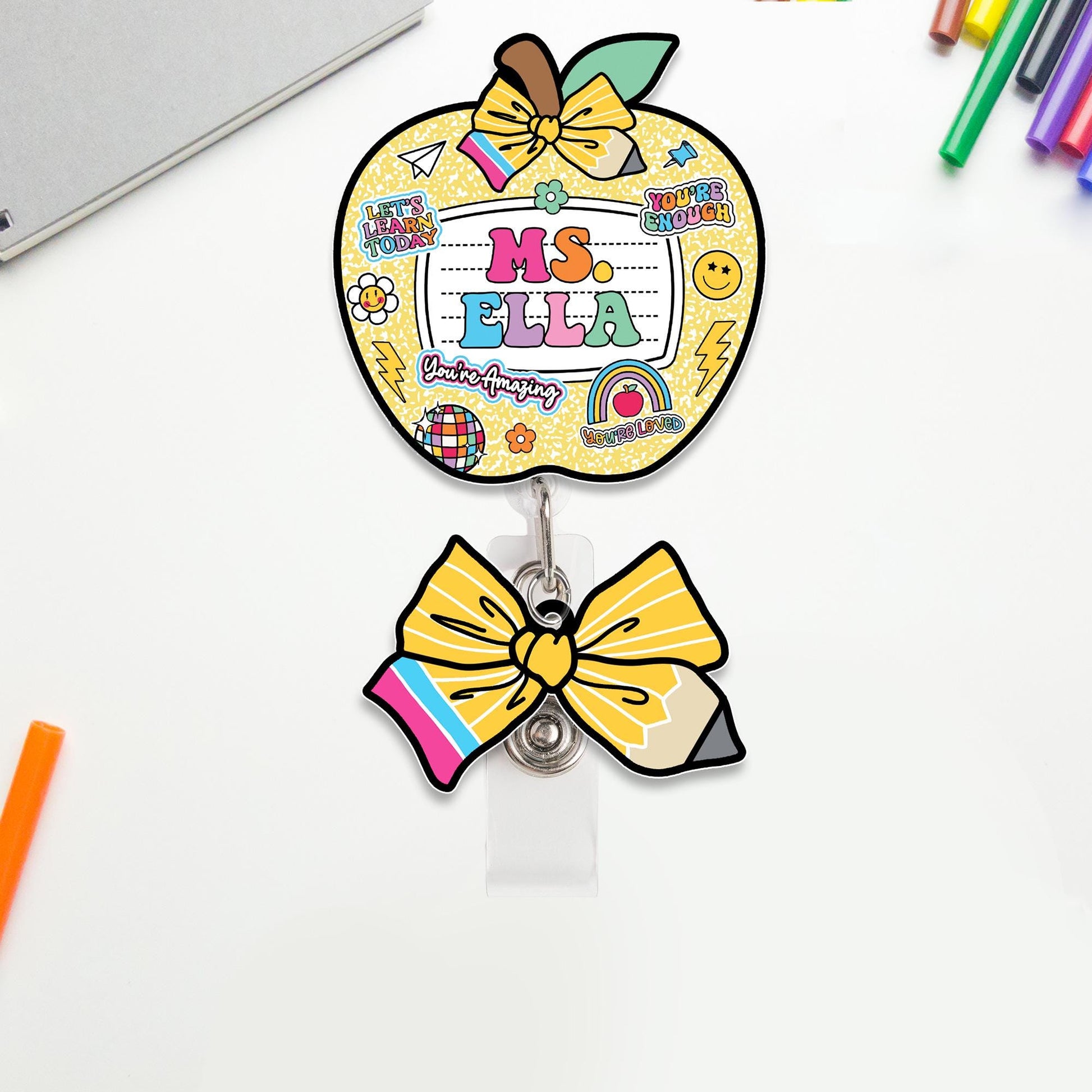 Custom Teacher Badge Reel, ID Holder Apple Badge Reel, Custom Composition Book, Retractable Badge Reel, Thank You Teacher, Christmas Gift