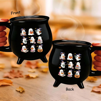 Personalized Teacher Halloween Cauldron Mug 13 Oz, Spooky Teacher Coffee Mug, Ghost Reading Book, Teacher Halloween Gifts, Halloween Mug