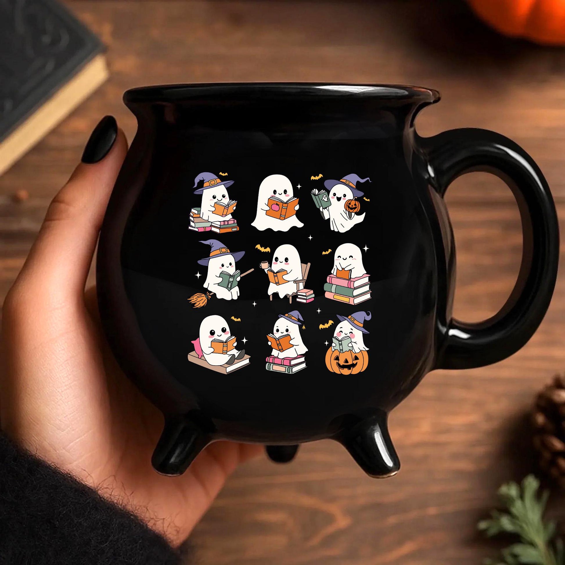Personalized Teacher Halloween Cauldron Mug 13 Oz, Spooky Teacher Coffee Mug, Ghost Reading Book, Teacher Halloween Gifts, Halloween Mug