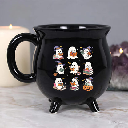 Personalized Teacher Halloween Cauldron Mug 13 Oz, Spooky Teacher Coffee Mug, Ghost Reading Book, Teacher Halloween Gifts, Halloween Mug