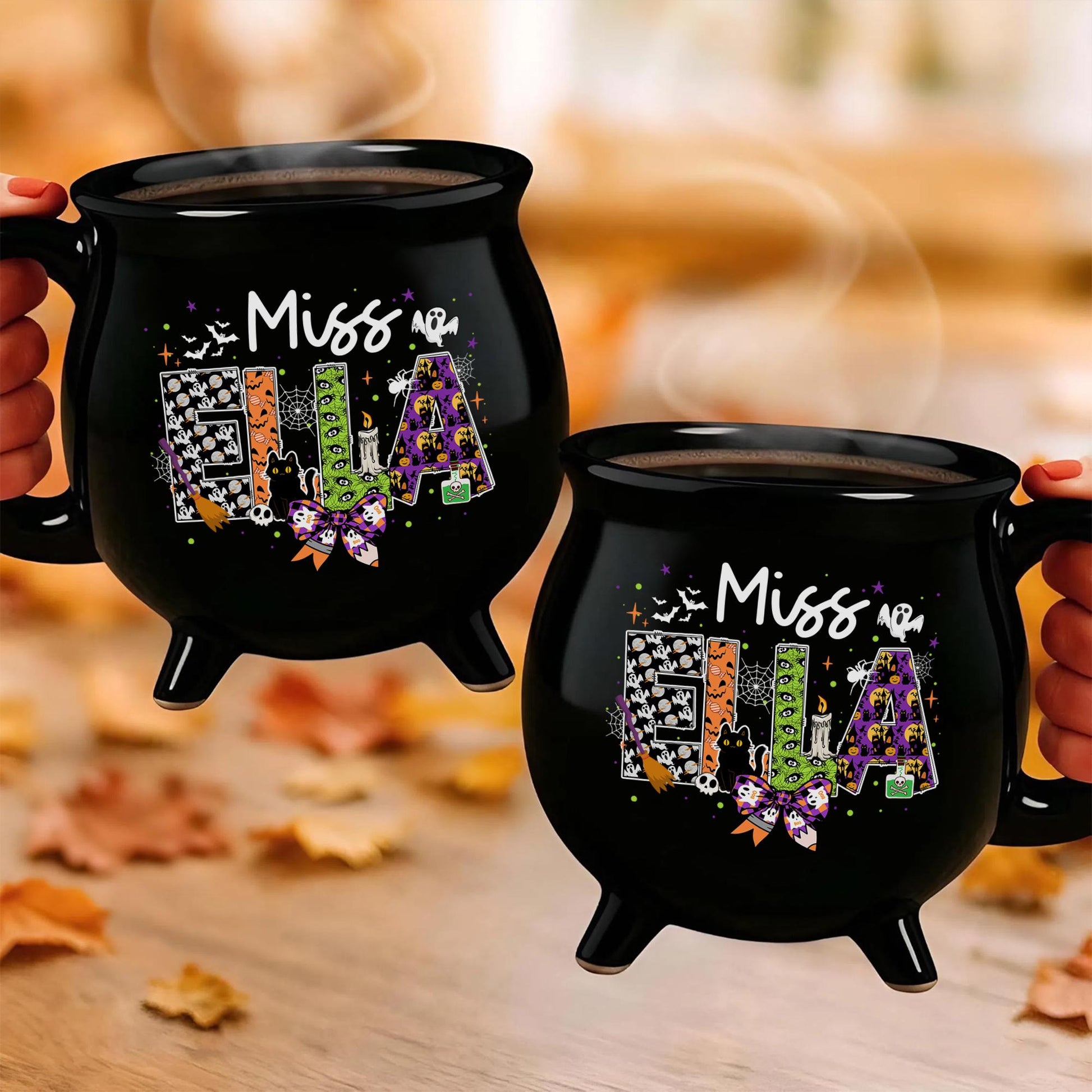 Personalized Teacher Halloween Cauldron Mug 13 Oz, Spooky Teacher Coffee Mug, Custom Teacher Name, Teacher Halloween Gifts, Halloween Mug