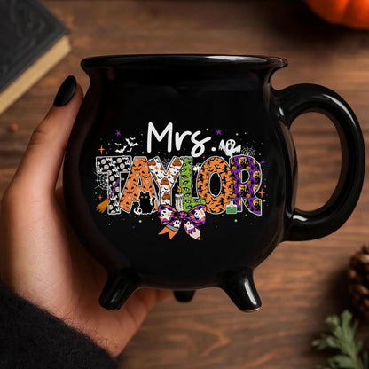 Personalized Teacher Halloween Cauldron Mug 13 Oz, Spooky Teacher Coffee Mug, Custom Teacher Name, Teacher Halloween Gifts, Halloween Mug