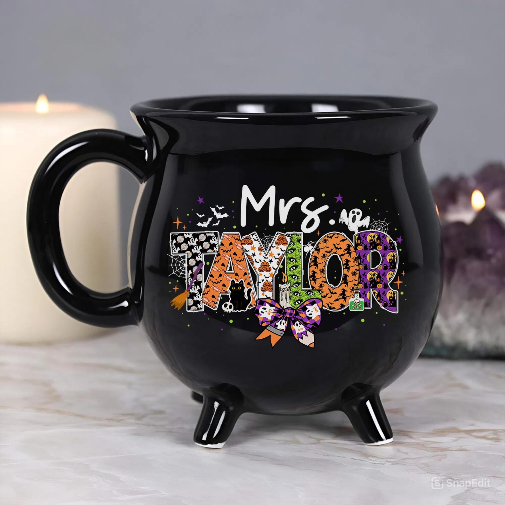 Personalized Teacher Halloween Cauldron Mug 13 Oz, Spooky Teacher Coffee Mug, Custom Teacher Name, Teacher Halloween Gifts, Halloween Mug