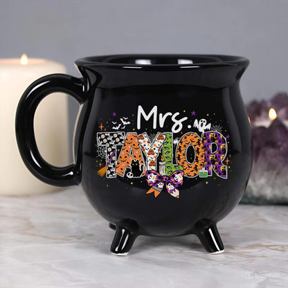 Personalized Teacher Halloween Cauldron Mug 13 Oz, Spooky Teacher Coffee Mug, Custom Teacher Name, Teacher Halloween Gifts, Halloween Mug