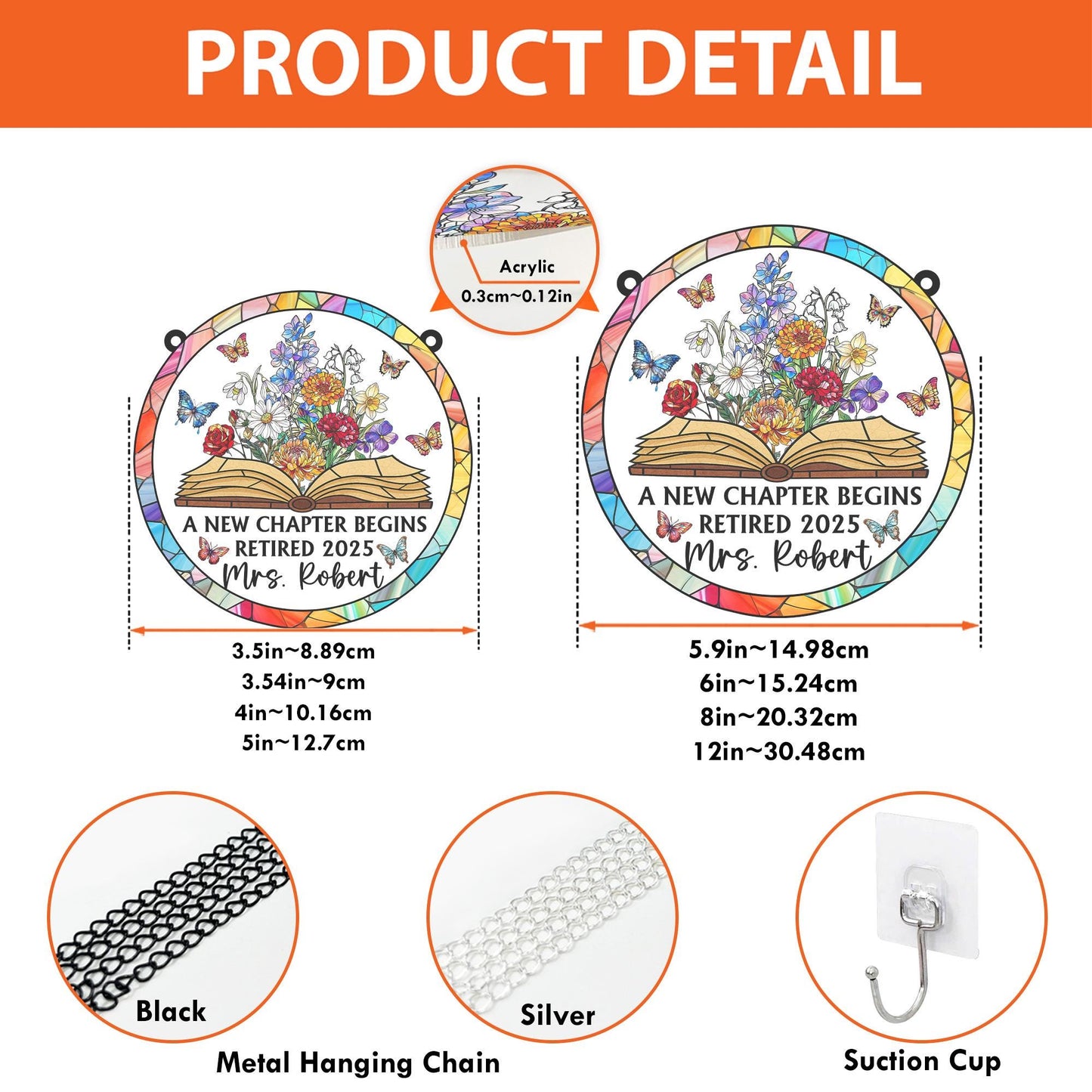 Personalized Retirement Suncatcher ACRYLIC Window Hanging, Floral Book A New Chapter Begins Retired, Floral Teacher Gift, Retired Teacher