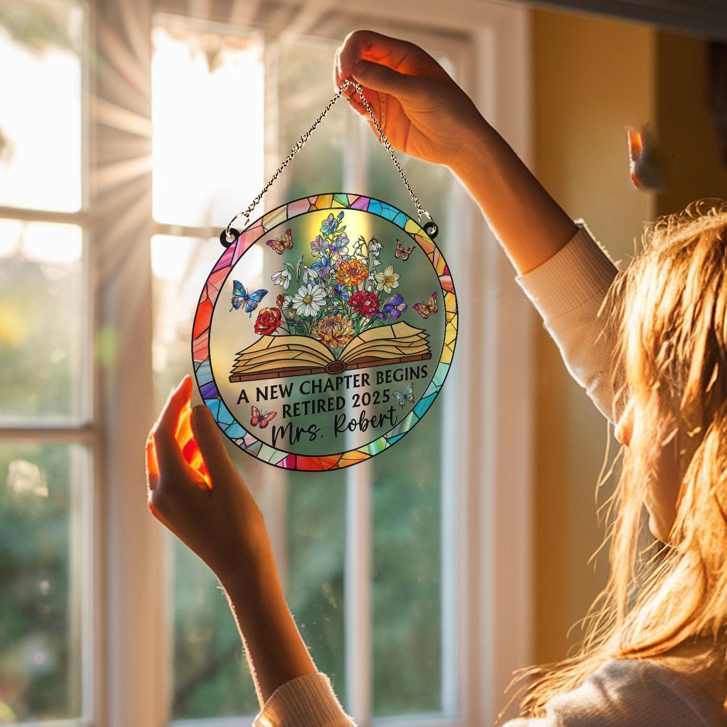 Personalized Retirement Suncatcher ACRYLIC Window Hanging, Floral Book A New Chapter Begins Retired, Floral Teacher Gift, Retired Teacher