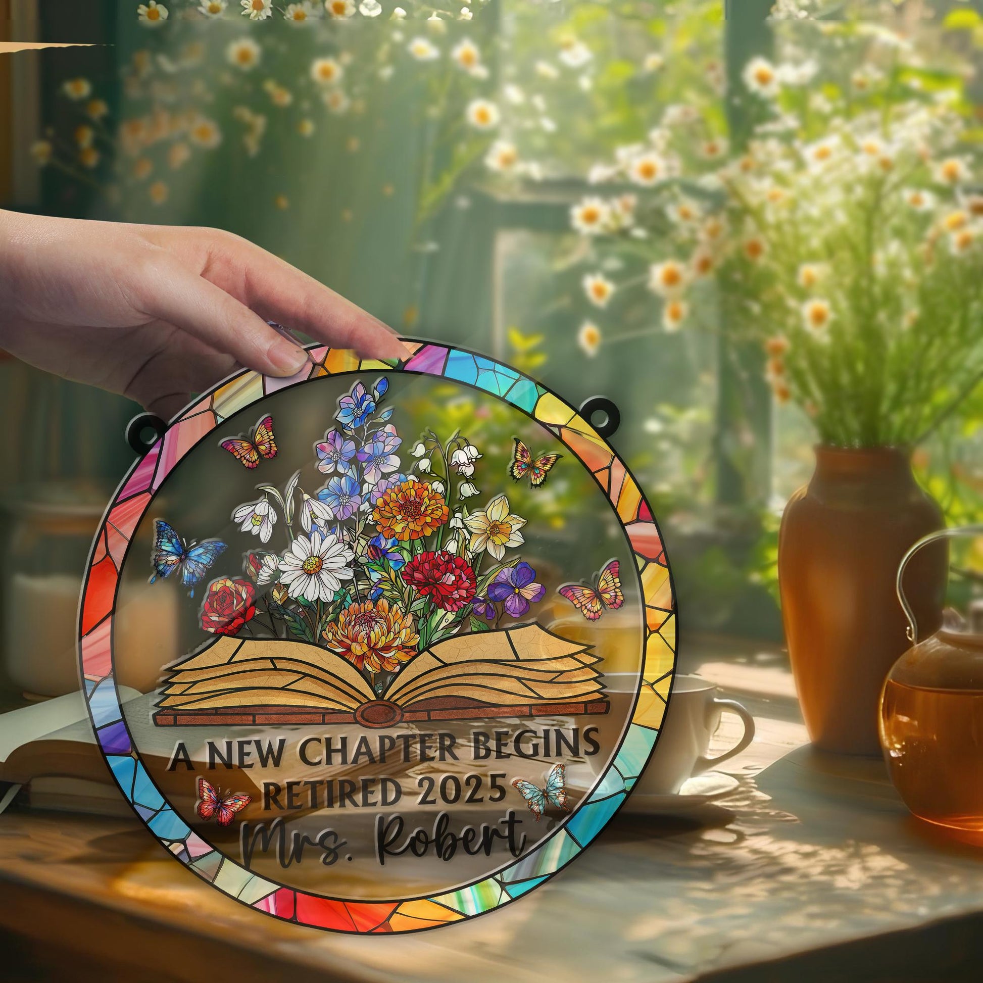 Personalized Retirement Suncatcher ACRYLIC Window Hanging, Floral Book A New Chapter Begins Retired, Floral Teacher Gift, Retired Teacher