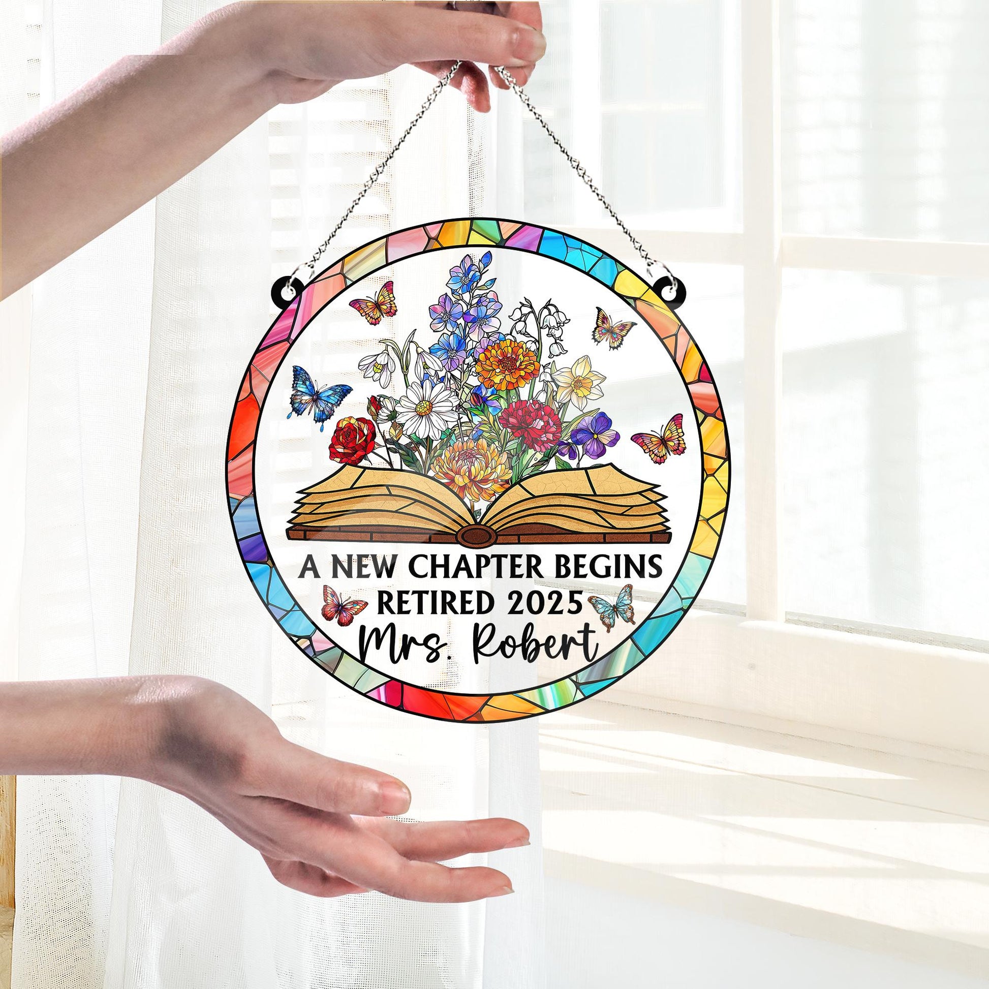 Personalized Retirement Suncatcher ACRYLIC Window Hanging, Floral Book A New Chapter Begins Retired, Floral Teacher Gift, Retired Teacher