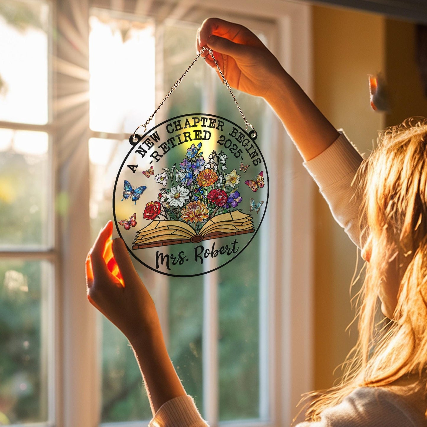 Personalized Retirement Suncatcher ACRYLIC Window Hanging, Floral Book A New Chapter Begins Retired Teacher Gift, Floral Teacher Gift