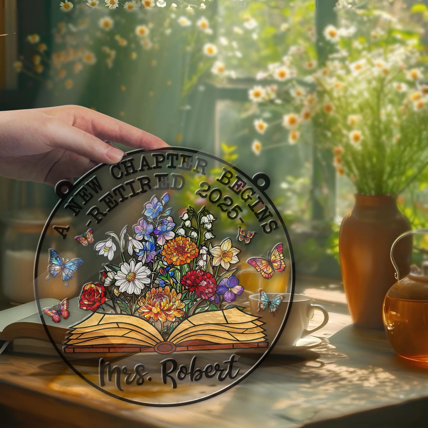 Personalized Retirement Suncatcher ACRYLIC Window Hanging, Floral Book A New Chapter Begins Retired Teacher Gift, Floral Teacher Gift