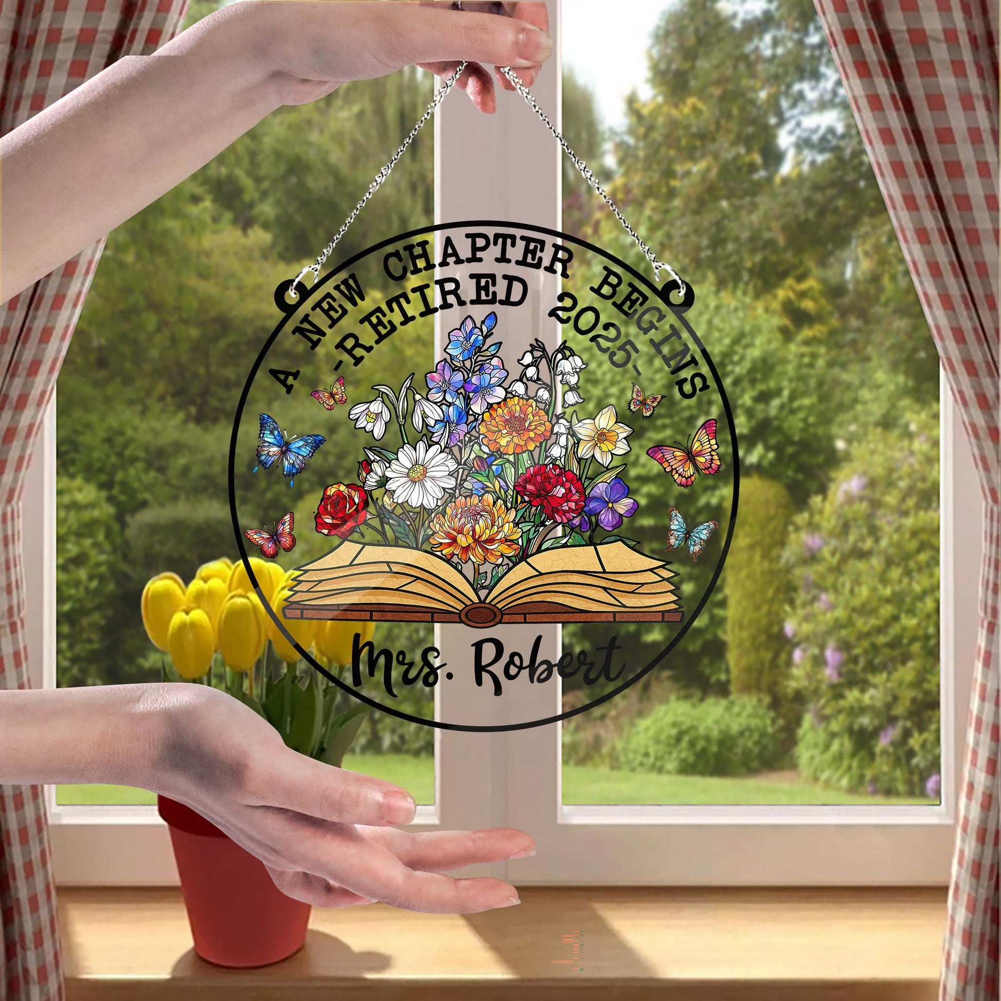 Personalized Retirement Suncatcher ACRYLIC Window Hanging, Floral Book A New Chapter Begins Retired Teacher Gift, Floral Teacher Gift