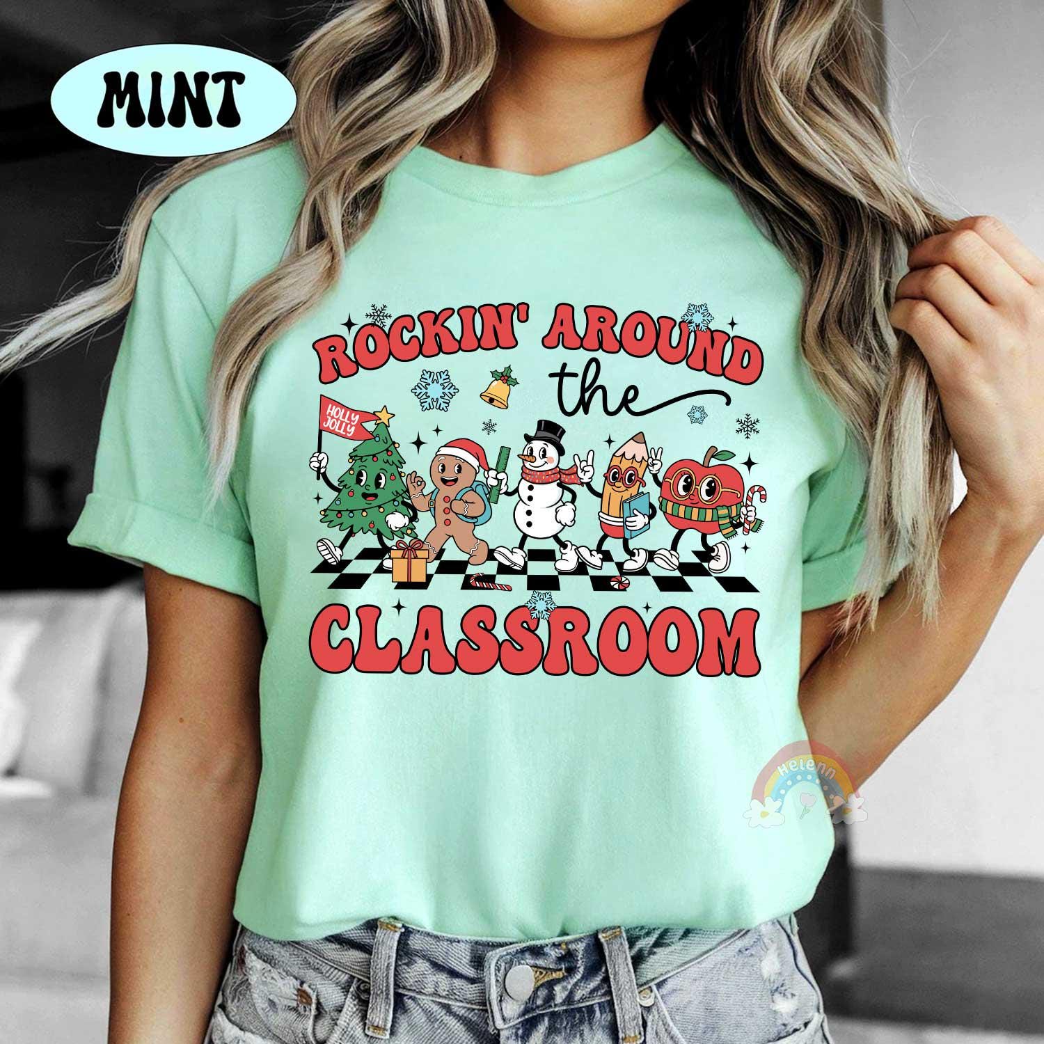 Personalized Teacher Christmas Shirt, Rockin' Around The Classroom Christmas Teacher Shirt, Holiday Teacher T-shirt, Teacher Christmas Gift