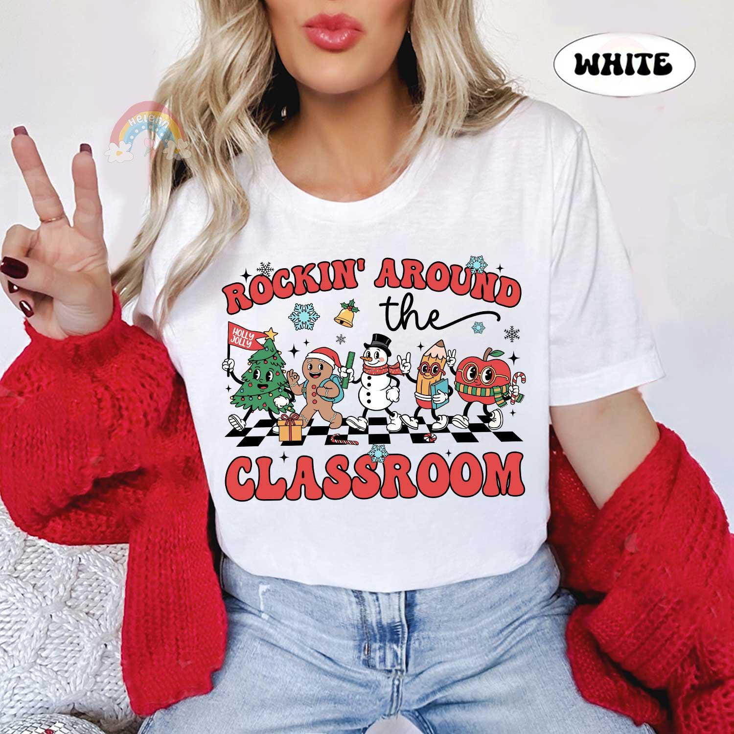 Personalized Teacher Christmas Shirt, Rockin' Around The Classroom Christmas Teacher Shirt, Holiday Teacher T-shirt, Teacher Christmas Gift