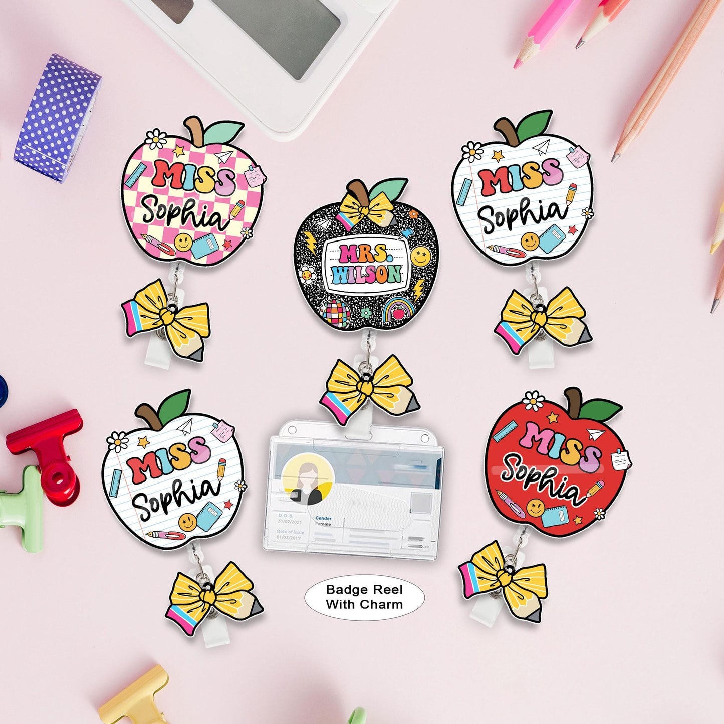 Custom Teacher Badge Reel, Custom ID Holder Apple Badge Reel, ID Holder, Retractable Badge Reel, Teacher Appreciation Gift Back to School