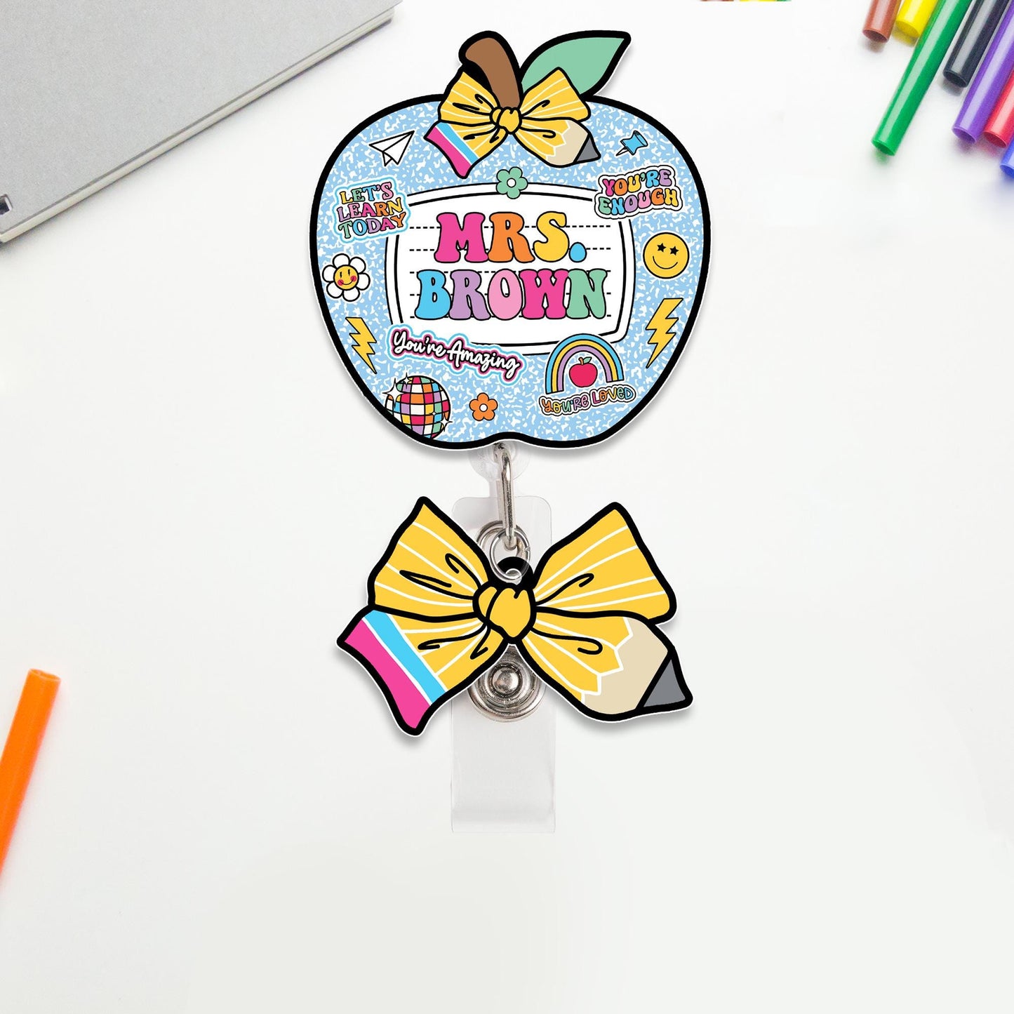 Custom Teacher Badge Reel, ID Holder Apple Badge Reel, Custom Composition Book, Retractable Badge Reel, Thank You Teacher, Christmas Gift