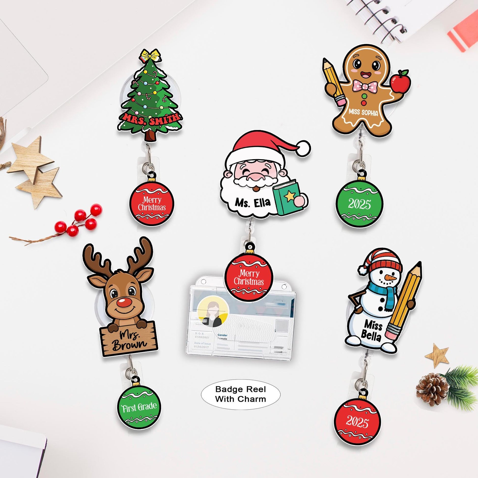 Custom Teacher Christmas Badge Reel, ID Holder Badge Reel, Teacher Appreciation Retractable Badge Reel, Thank You Teacher, Christmas Gift