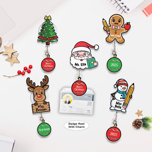 Custom Teacher Christmas Badge Reel, ID Holder Badge Reel, Teacher Appreciation Retractable Badge Reel, Thank You Teacher, Christmas Gift