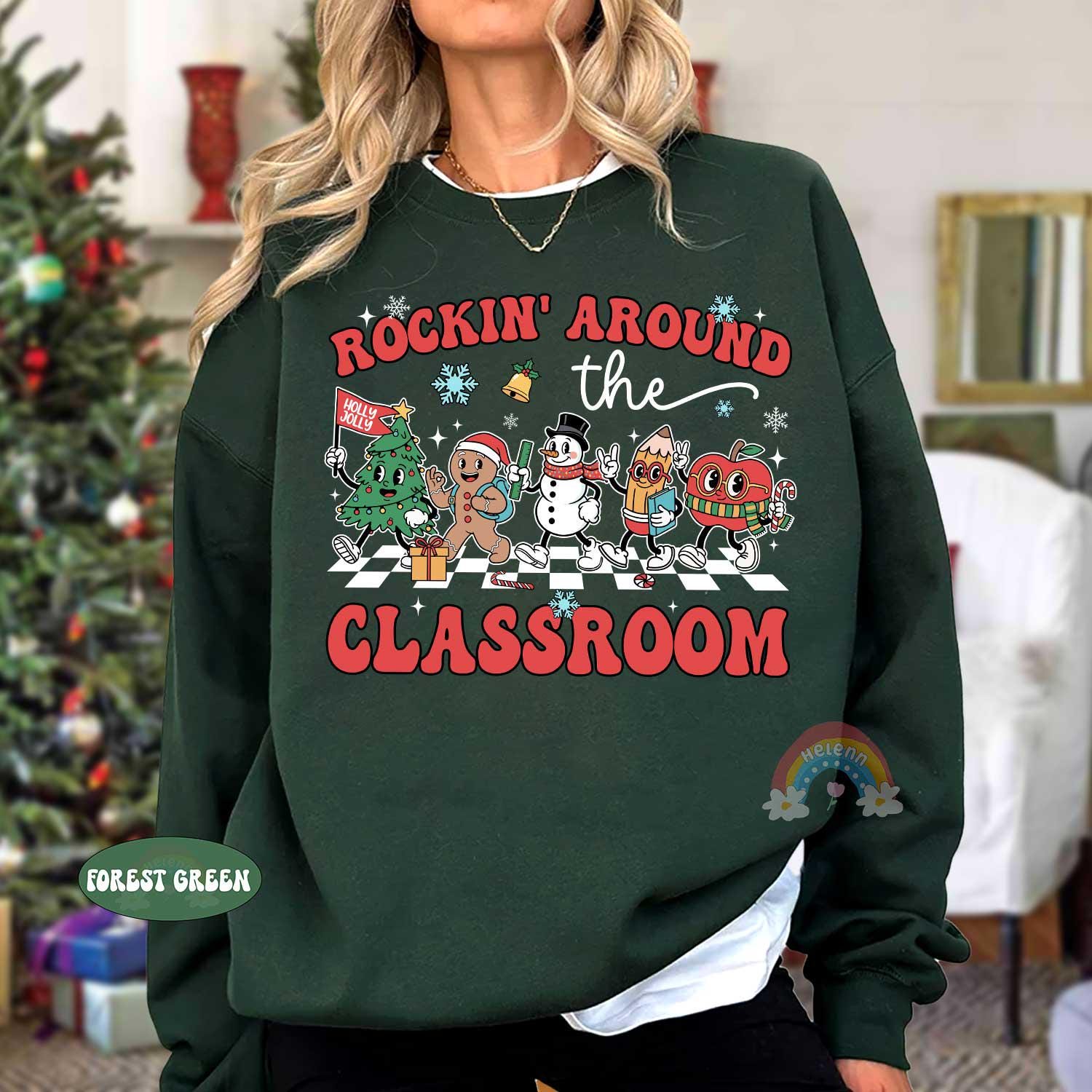 Personalized Teacher Christmas Shirt, Rockin' Around The Classroom Christmas Teacher Shirt, Holiday Teacher T-shirt, Teacher Christmas Gift
