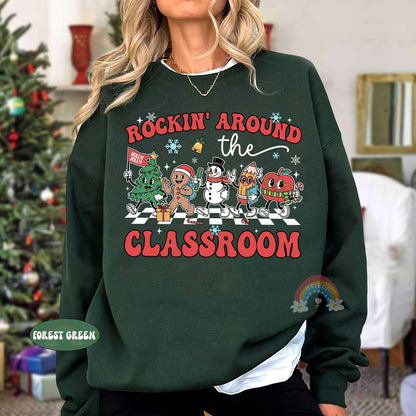 Personalized Teacher Christmas Shirt, Rockin' Around The Classroom Christmas Teacher Shirt, Holiday Teacher T-shirt, Teacher Christmas Gift