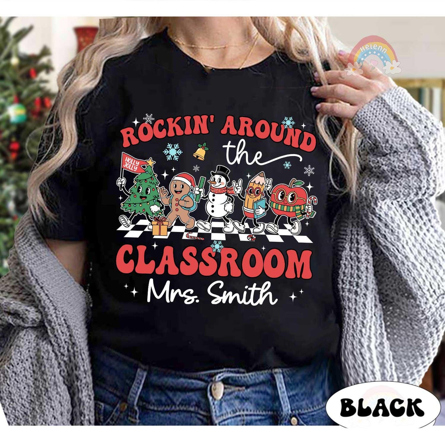 Personalized Teacher Christmas Shirt, Rockin' Around The Classroom Christmas Teacher Shirt, Holiday Teacher T-shirt, Teacher Christmas Gift