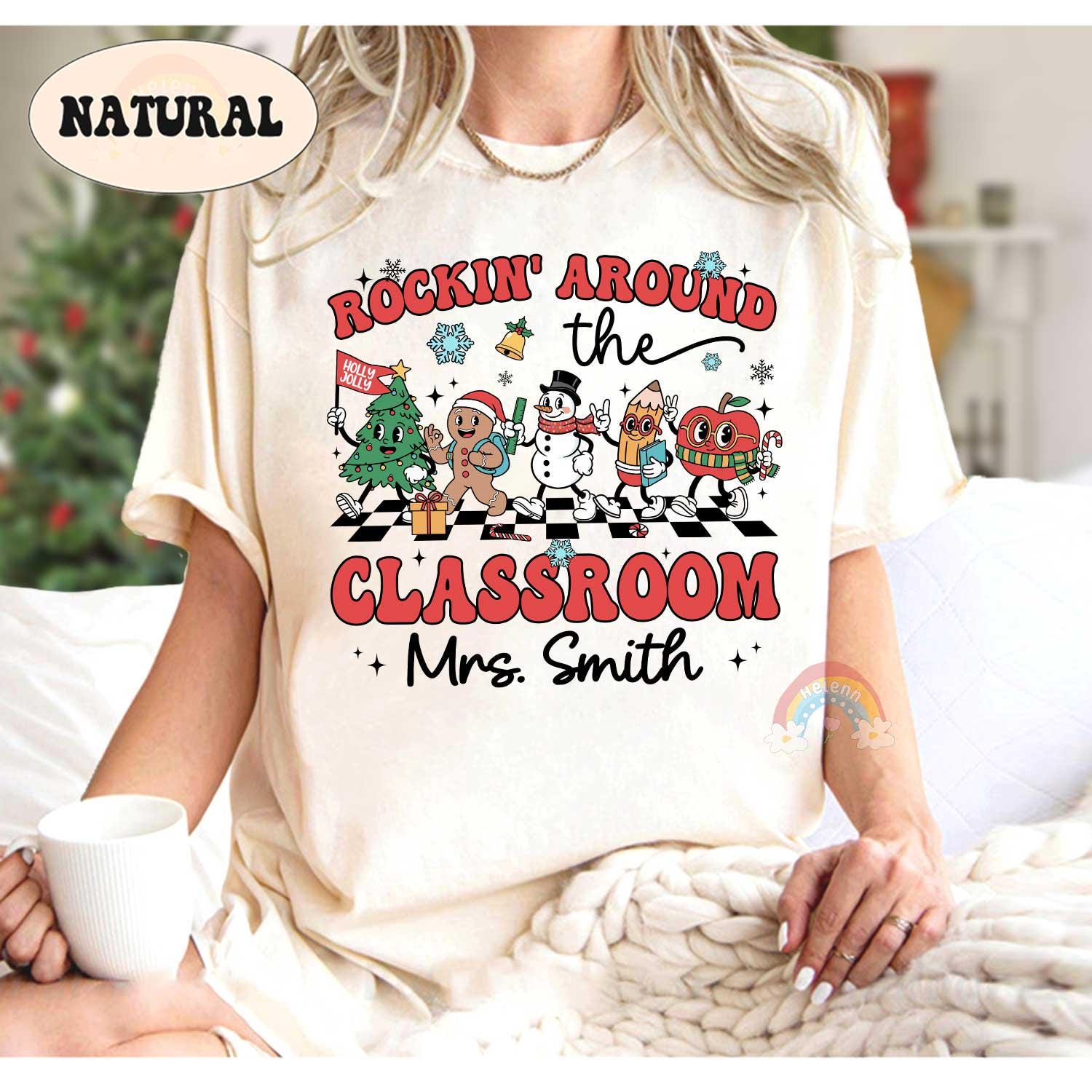 Personalized Teacher Christmas Shirt, Rockin' Around The Classroom Christmas Teacher Shirt, Holiday Teacher T-shirt, Teacher Christmas Gift