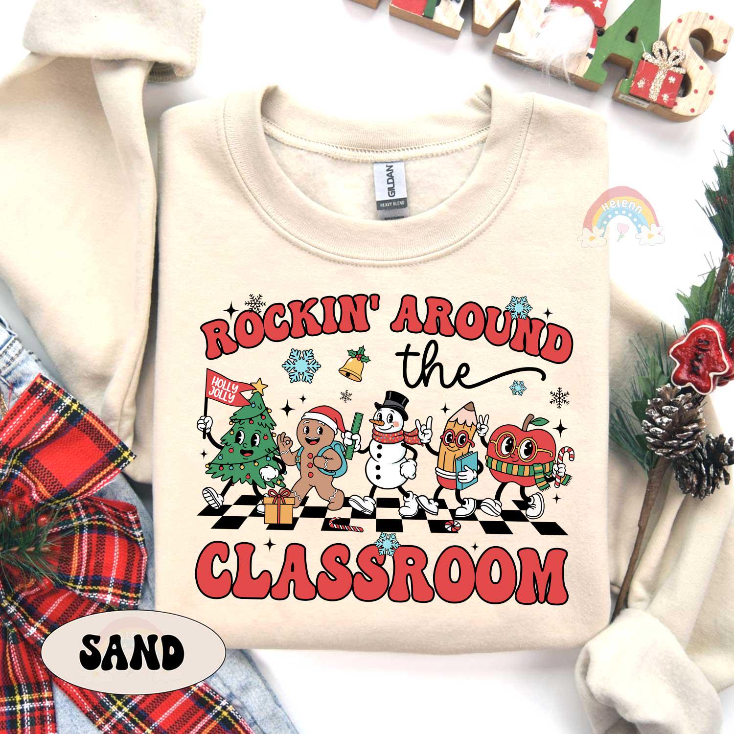 Personalized Teacher Christmas Shirt, Rockin' Around The Classroom Christmas Teacher Shirt, Holiday Teacher T-shirt, Teacher Christmas Gift