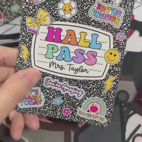 Personalized Teacher Hall Pass With Lanyard, Bathroom Pass Nurse Pass, Classroom Hall Pass Composition Book Theme, Teacher Appreciation Gift