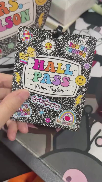 Personalized Teacher Hall Pass With Lanyard, Bathroom Pass Nurse Pass, Classroom Hall Pass Composition Book Theme, Teacher Appreciation Gift