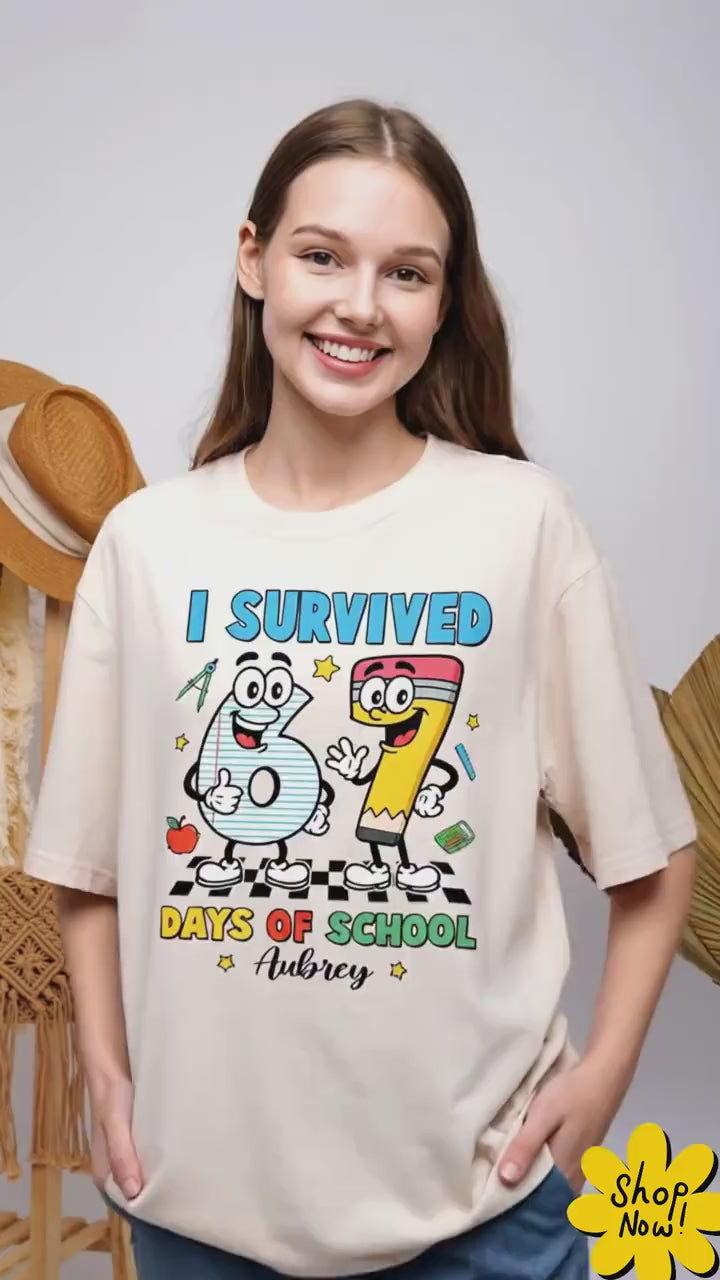 Custom I Survived 67 Days of School Shirt, 67th Day of School, Funny Teacher Shirt Six Seven Meme Funny Teacher Student School, Boys Teens