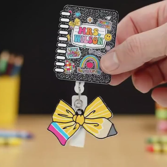 Custom Teacher Badge Reel, Composition Notebook Badge Reel, ID Holder, Retractable Badge Reel, Teacher Appreciation Gift Back to School Gift