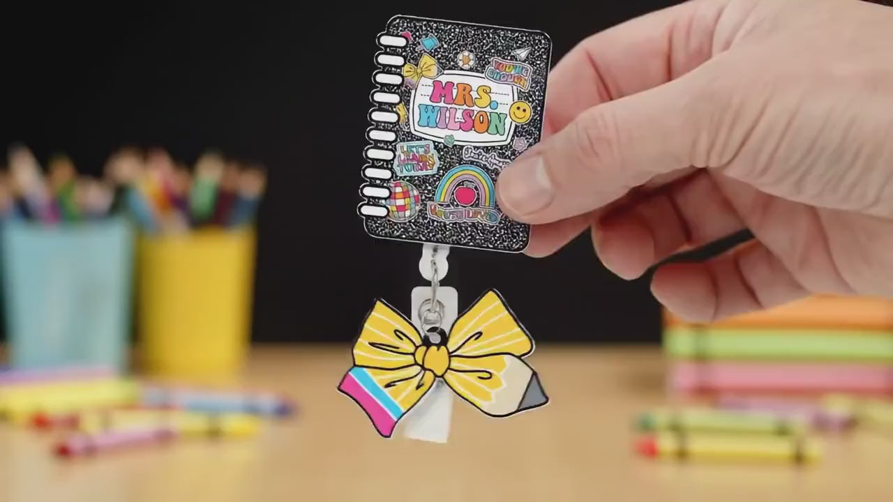 Custom Teacher Badge Reel, Composition Notebook Badge Reel, ID Holder, Retractable Badge Reel, Teacher Appreciation Gift Back to School Gift